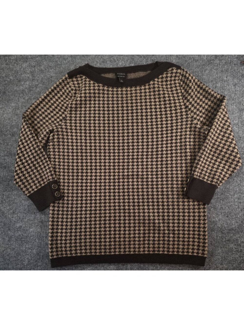 Talbots Womens Merino Wool Brown Tan Houndstooth 3/4 Sleeve Size L Sweater